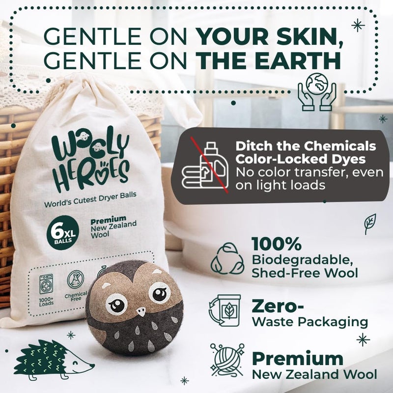 WOOLY HEROES No More Dryer Sheets! Reusable Wool Dryer Balls XL 6-Pack - Reduces Static, Cuts Dry Time, & Softens Naturally - Image 3